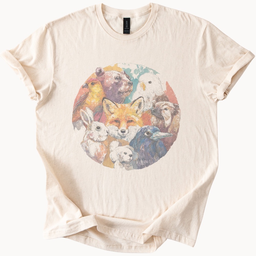 Watercolor Animals Circle Graphic Tee Natural Wildlife Art